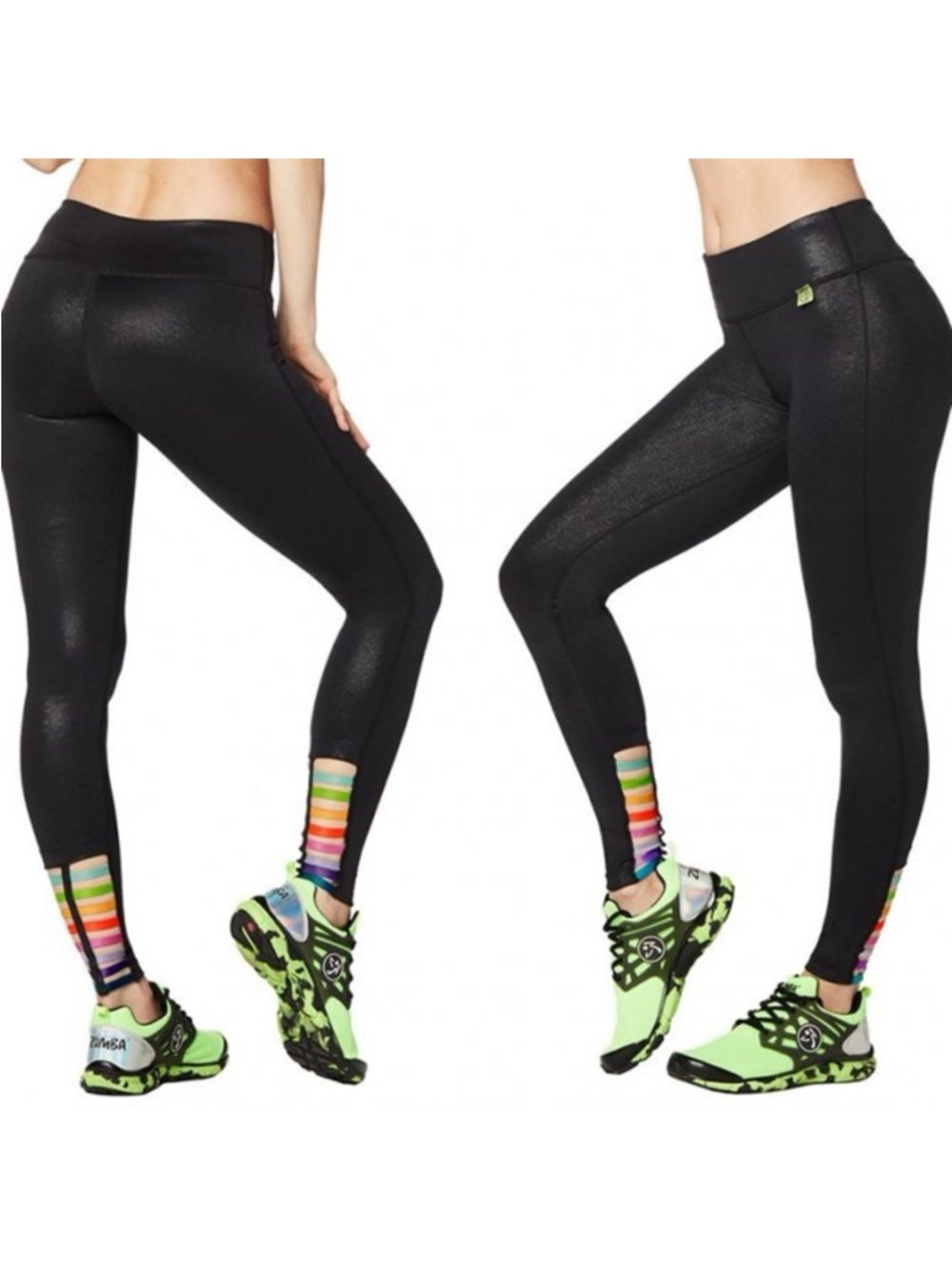 Zumba Fitness Black High-Waist Leggings with Multi-Color Ankle Stripes Strappy L